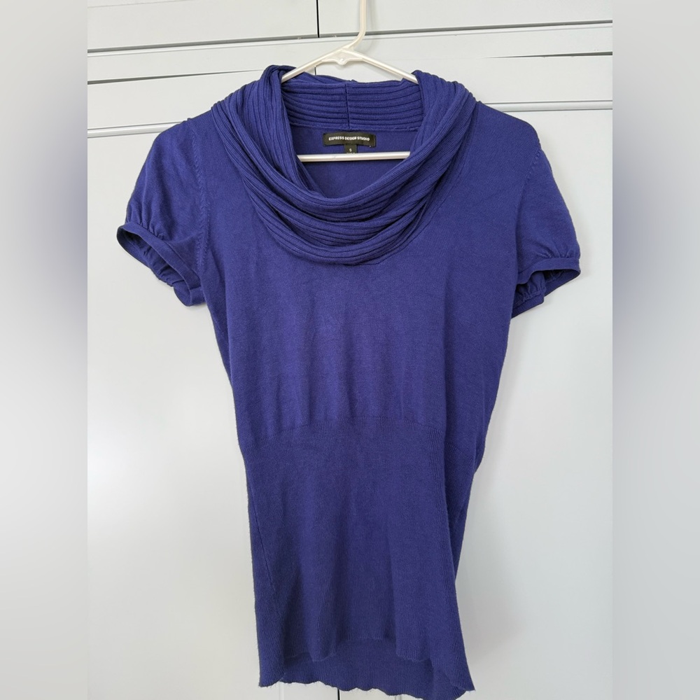 Express Designs Drape‎ Cowl Neck Purple Knit Top Small Y2K bodycon rayon blend